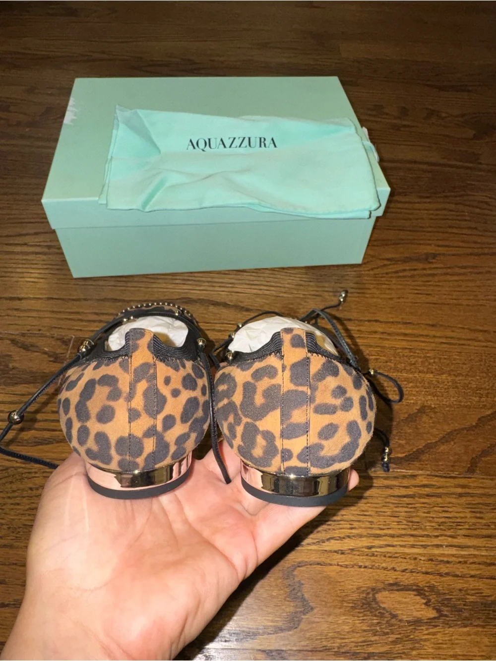 New Size 39.5 Aquazzura Leopard Print Suede and Fabric Tie Up Ballet Flats